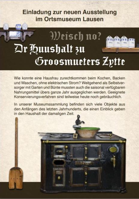 Ausstellungsflyer Dr Huushalt zu Groosmueters Zytte Vorderseite